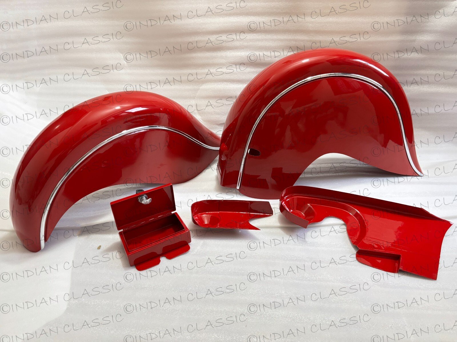 Indian Chief 1941-1951 Front & Rear Fenders, Chain Guard, Belt Guard & Tool Box Red Painted - Image 2